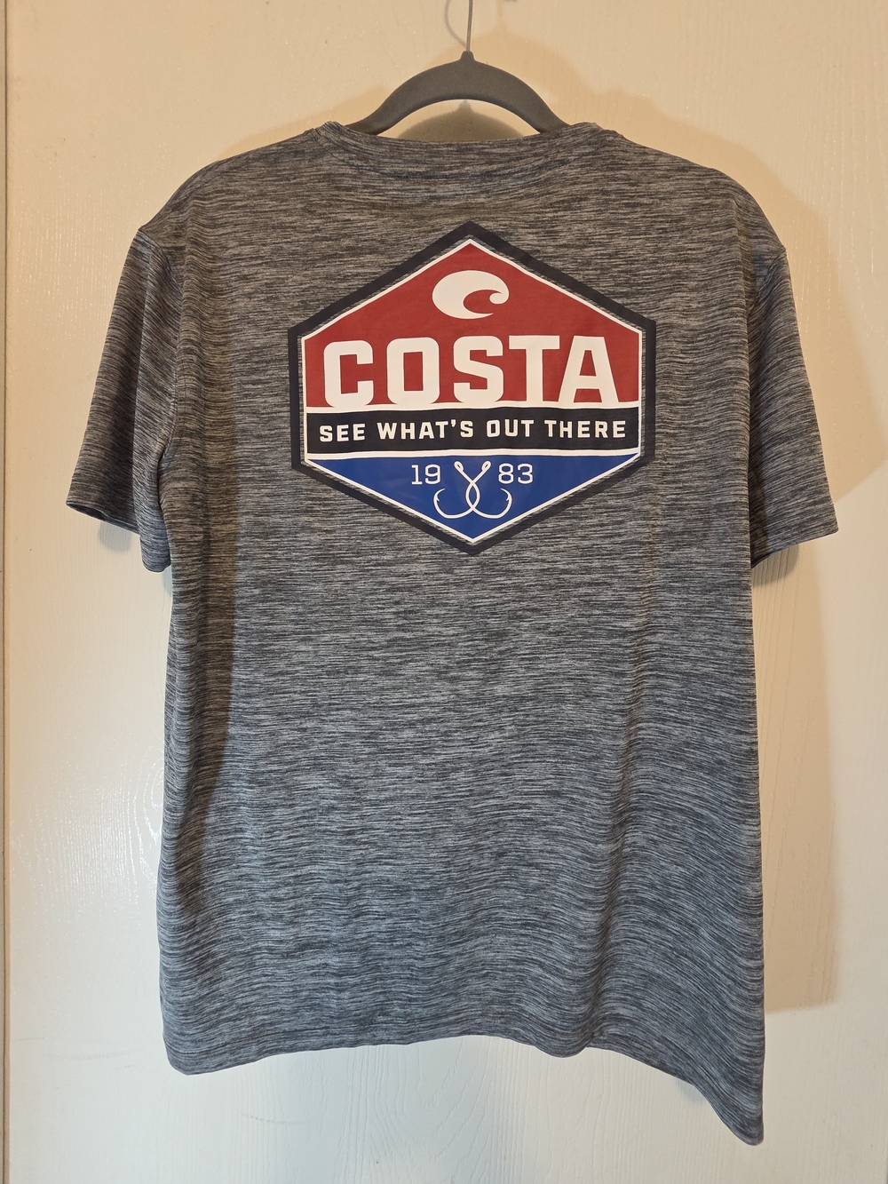 Costa Short-Sleeve Heathered Gray Tee with Red & Blue Shield Logo